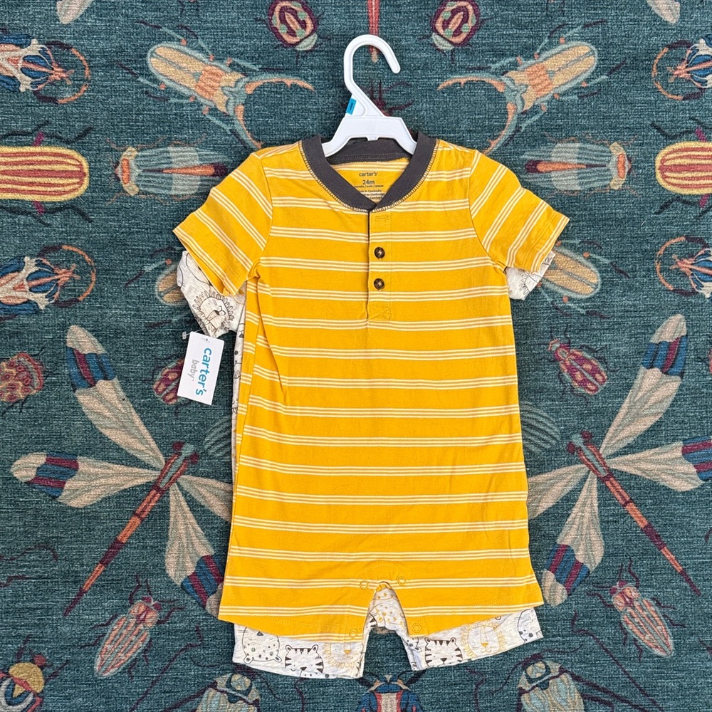Carter's Mustard Striped and Big Cat Printed Toddler Romper - 2 Pack